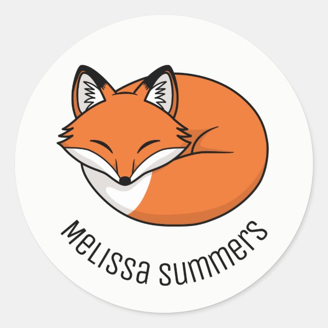 Sleeping Cartoon Fox Custom Name Classic Round Sticker (Front)