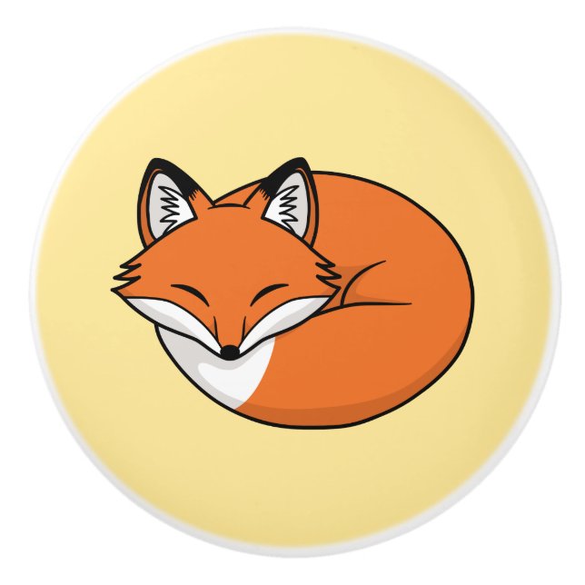 Sleeping Cartoon Fox on Yellow Ceramic Knob (Front)