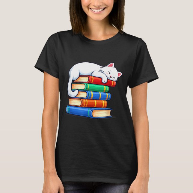 Sleeping cat and books cute funny cosy book lovers T-Shirt (Front)