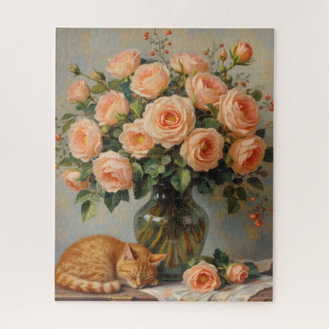 Sleeping Cat and Roses Jigsaw Puzzle (Vertical)