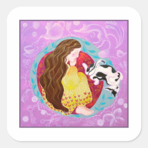Sleeping Cat and Sleeping Lady. Square Sticker