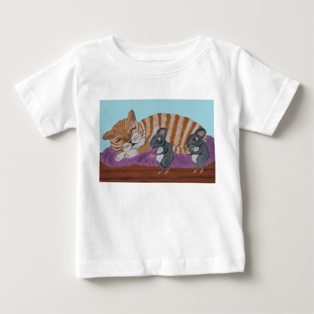 Sleeping Cat and Sneaky Mice T-Shirt (Front)