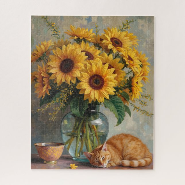 Sleeping Cat and Sunflowers Jigsaw Puzzle (Vertical)