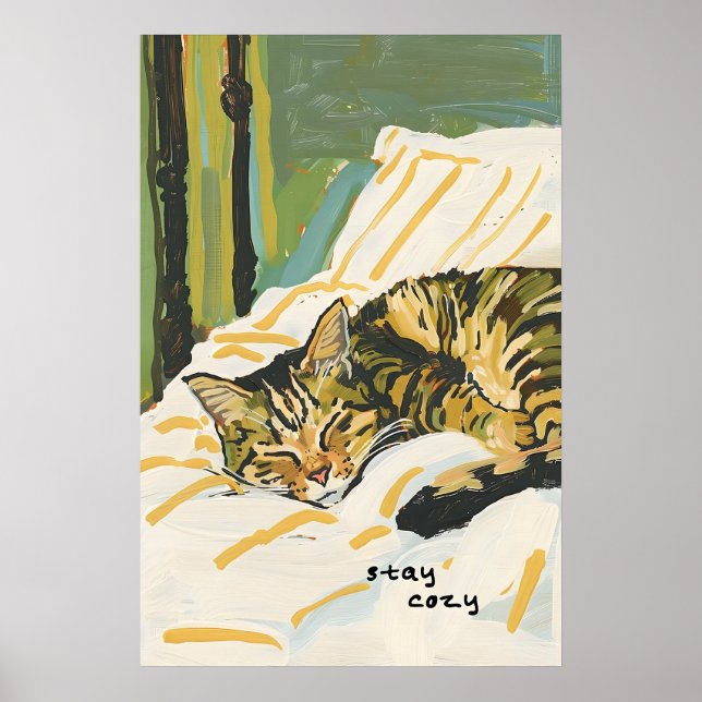 Sleeping Cat Art Print Cozy Bed Scene with (Front)