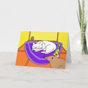 Sleeping Cat Birthday, Mouse with Party Hat Card