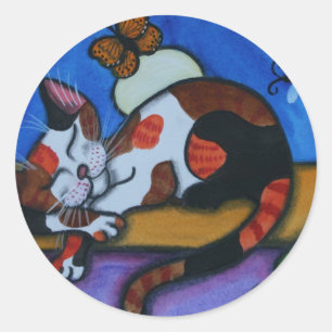 Sleeping Cat Butterflies and Dragonflies Classic Round Sticker
