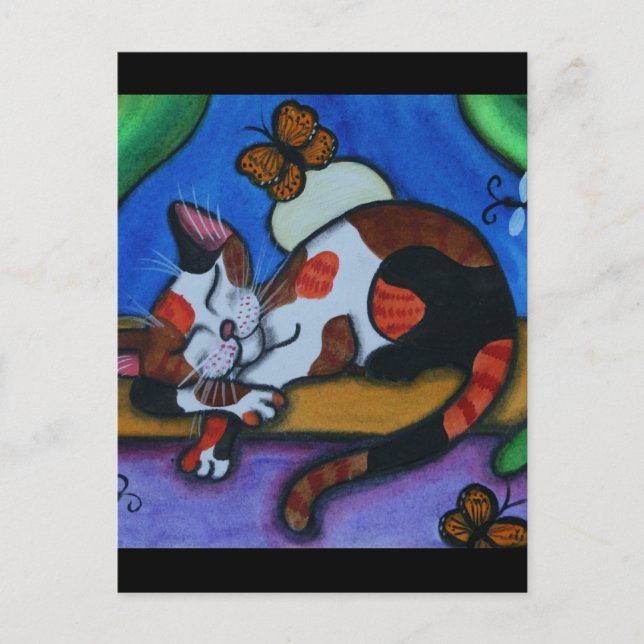 Sleeping Cat Butterflies and Dragonflies Postcard (Front)