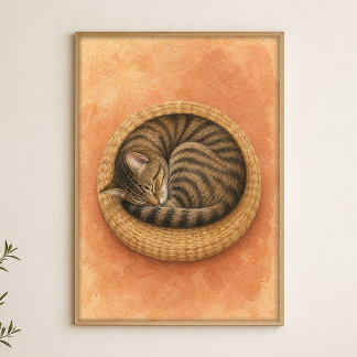 Sleeping Cat Curl Watercolour Whimsical Art Poster