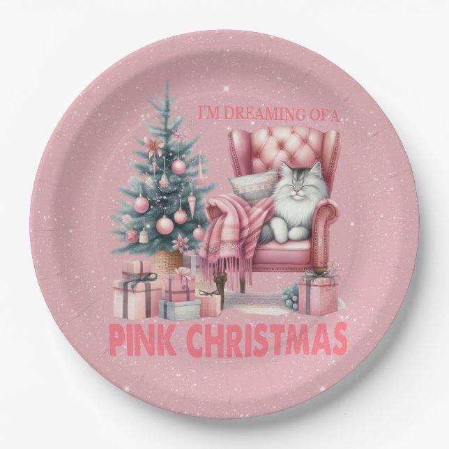 Sleeping Cat I'm Dreaming of a Pink Christmas Paper Plate (Front)