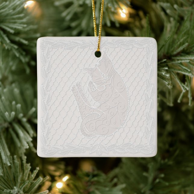 Sleeping Cat in digitally-drawn lace tree ornament (Tree)