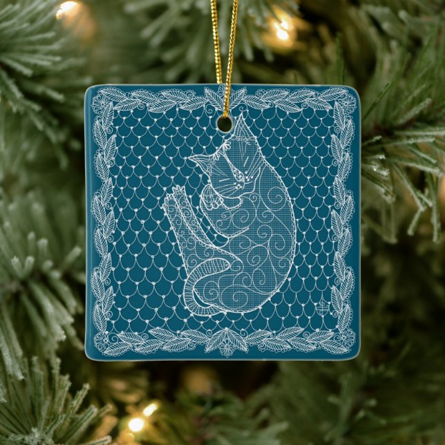 Sleeping Cat in digitally-drawn lace tree ornament (Tree)
