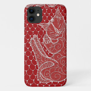 Sleeping Cat Lace Doily (crimson) on phone case