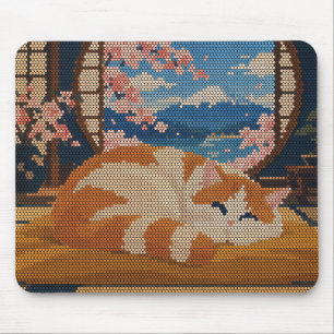 Sleeping Cat Mount Fuji Cherry Blossom Pixel Art Mouse Mat
