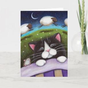 Sleeping Cat & Mouse Dream of Sheep - Cat Art Card