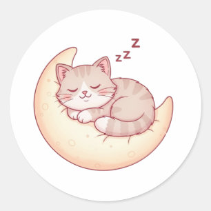 Sleeping Cat on a Moon Pillow – Cosy Cat Nap Classic Round Sticker