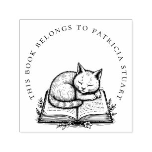 Sleeping Cat on Book Circular Name Ex Libris Self-inking Stamp