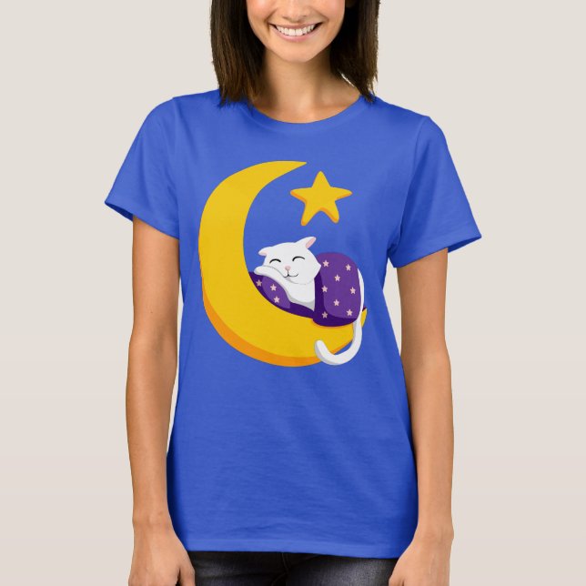 Sleeping Cat on Crescent Moon Star T-Shirt (Front)