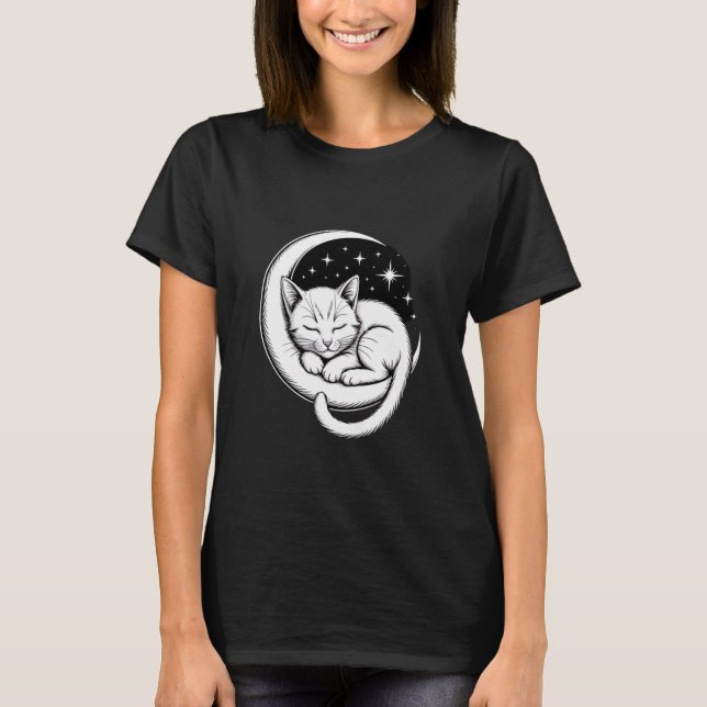 Sleeping Cat on Crescent Moon T-Shirt (Front)