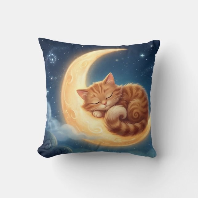 Sleeping Cat on Moon Nursery Throw Pillow (Front)