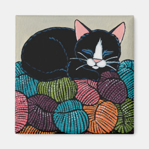 Sleeping Cat on Mountain of Yarn Illustration Magnet