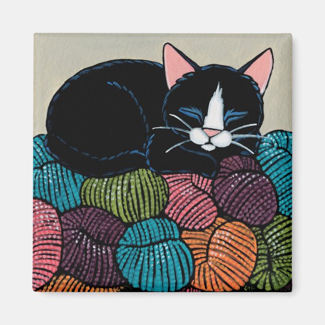 Sleeping Cat on Mountain of Yarn Illustration Magnet (Front)
