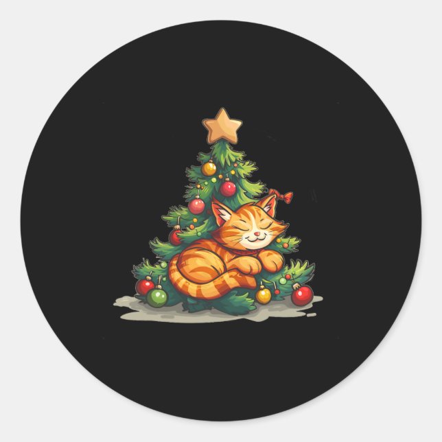 Sleeping Cat With Christmas Tree For Star Topper L Classic Round Sticker (Front)
