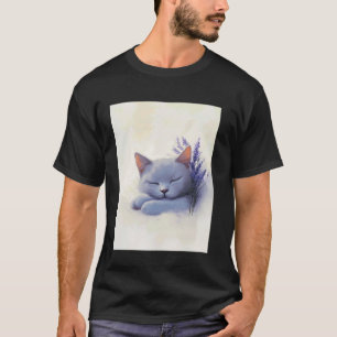 Sleeping Cat With Lavender Pet Illustration T-Shirt