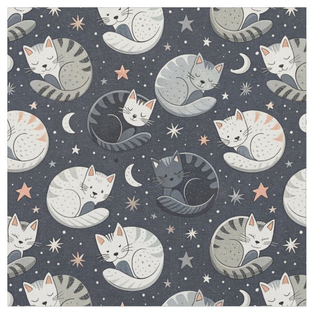 Sleeping Cats Starry Night Pattern - Kids Design Fabric (Close Up)