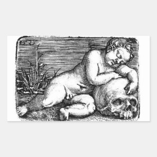 Sleeping Cherub and Skull Rectangular Sticker