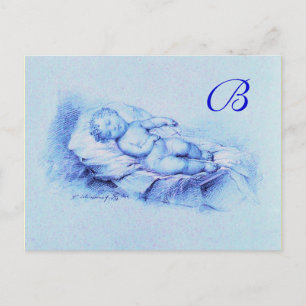 SLEEPING CHILD, BLUE  BABY SHOWER  MONOGRAM INVITATION POSTCARD