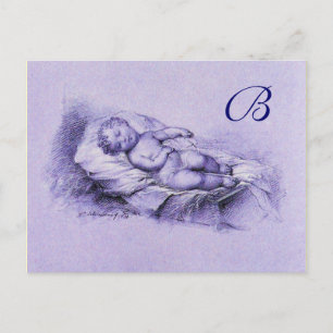 SLEEPING CHILD, BLUE  BABY SHOWER  MONOGRAM INVITATION POSTCARD