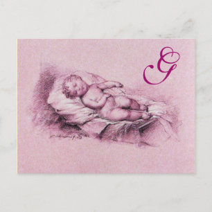SLEEPING CHILD, PINK BABY SHOWER  MONOGRAM INVITATION POSTCARD