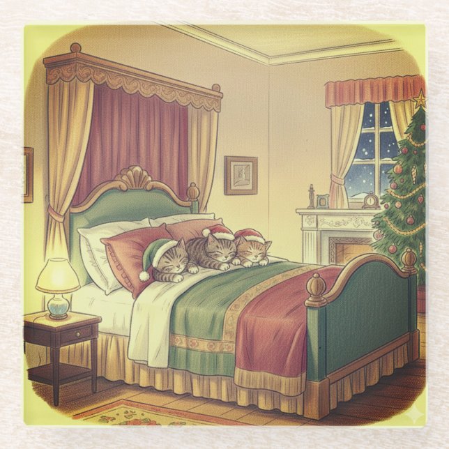 Sleeping Christmas Cats Glass Coaster (Front)