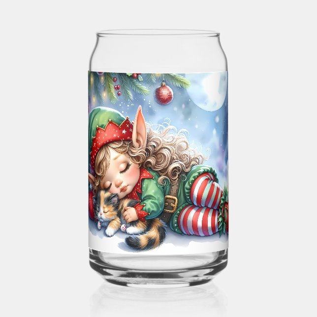 Sleeping Christmas Elf with Calico Kitten Can Glass (Front)
