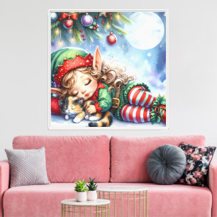 Sleeping Christmas Elf with Calico Kitten Canvas Print