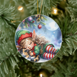 Sleeping Christmas Elf with Calico Kitten Ceramic Tree Decoration