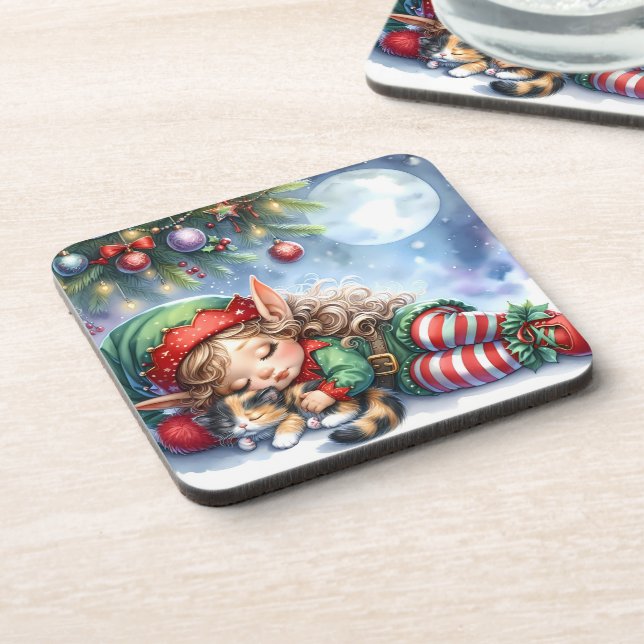 Sleeping Christmas Elf with Calico Kitten Coaster (Left Side)