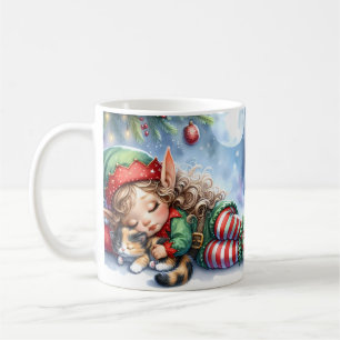Sleeping Christmas Elf with Calico Kitten Coffee Mug
