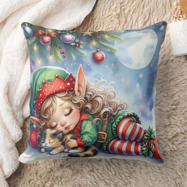 Sleeping Christmas Elf with Calico Kitten Cushion (Blanket)