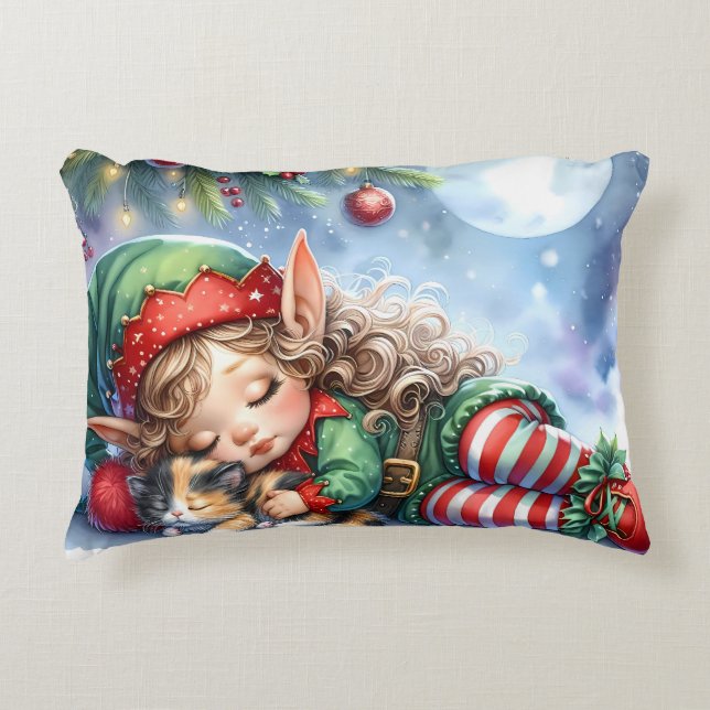 Sleeping Christmas Elf with Calico Kitten Decorative Cushion (Front)