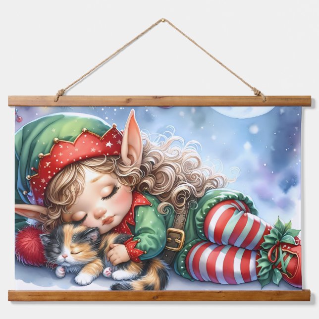 Sleeping Christmas Elf with Calico Kitten Hanging Tapestry (Front)