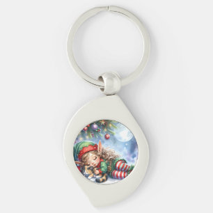 Sleeping Christmas Elf with Calico Kitten Key Ring