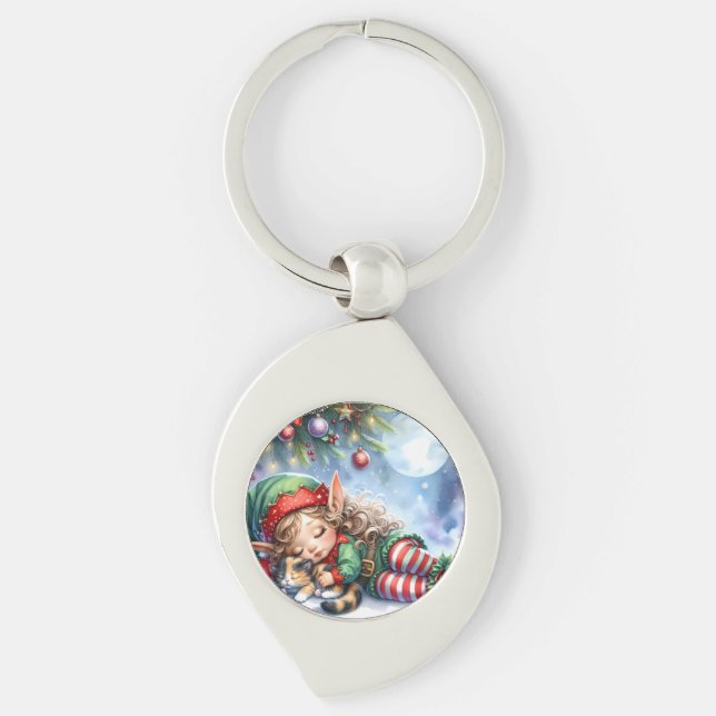 Sleeping Christmas Elf with Calico Kitten Key Ring (Front)