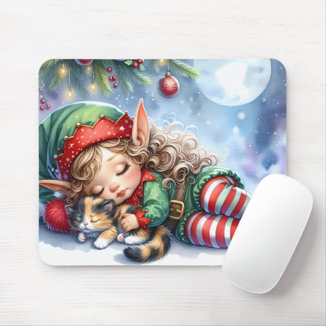 Sleeping Christmas Elf with Calico Kitten Mouse Mat (With Mouse)