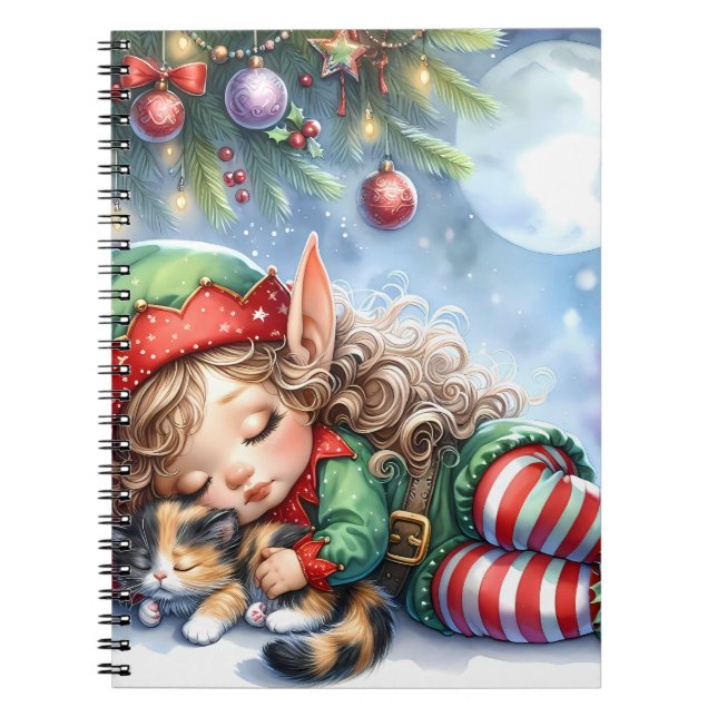 Sleeping Christmas Elf with Calico Kitten Notebook (Front)