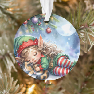 Sleeping Christmas Elf with Calico Kitten Ornament