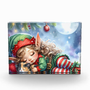 Sleeping Christmas Elf with Calico Kitten Photo Block