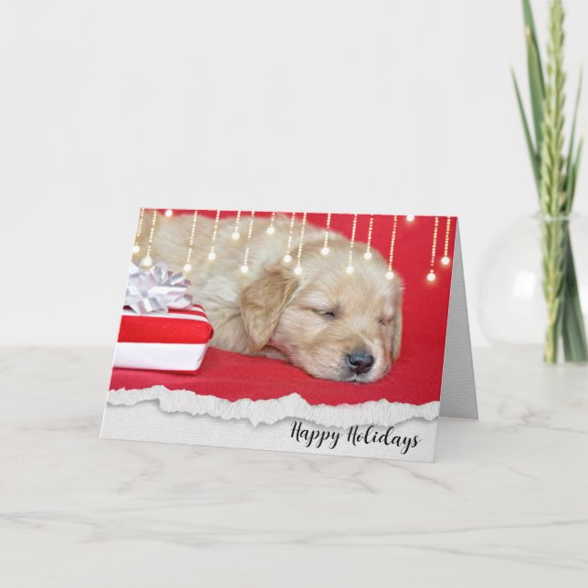 sleeping Christmas Golden Retriever puppy Holiday Card (Front)