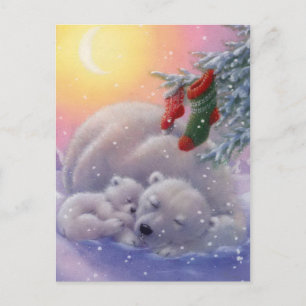 Sleeping Christmas Polar Bears Holiday Postcard