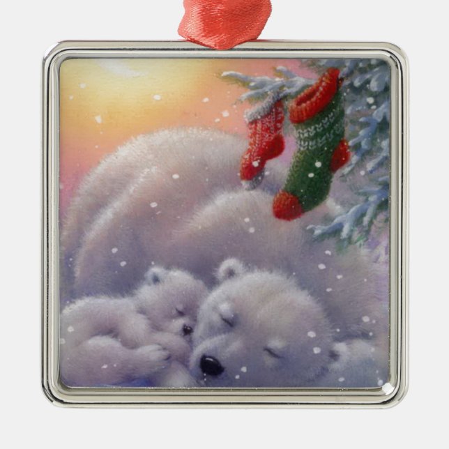 Sleeping Christmas Polar Bears Metal Tree Decoration (Front)